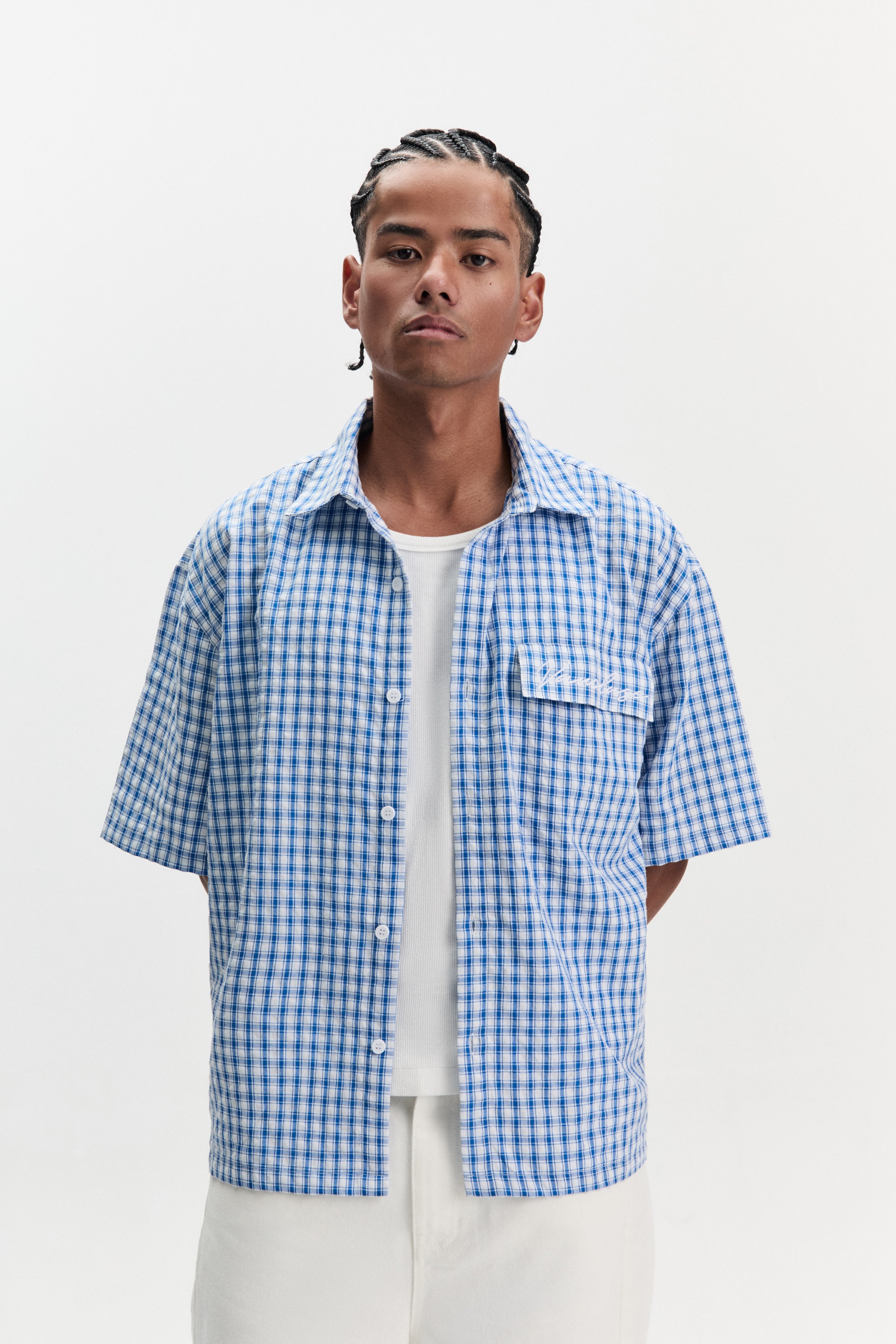 Checkered Signature Short Sleeve Shirt - White/Blue – VAUCLUSE