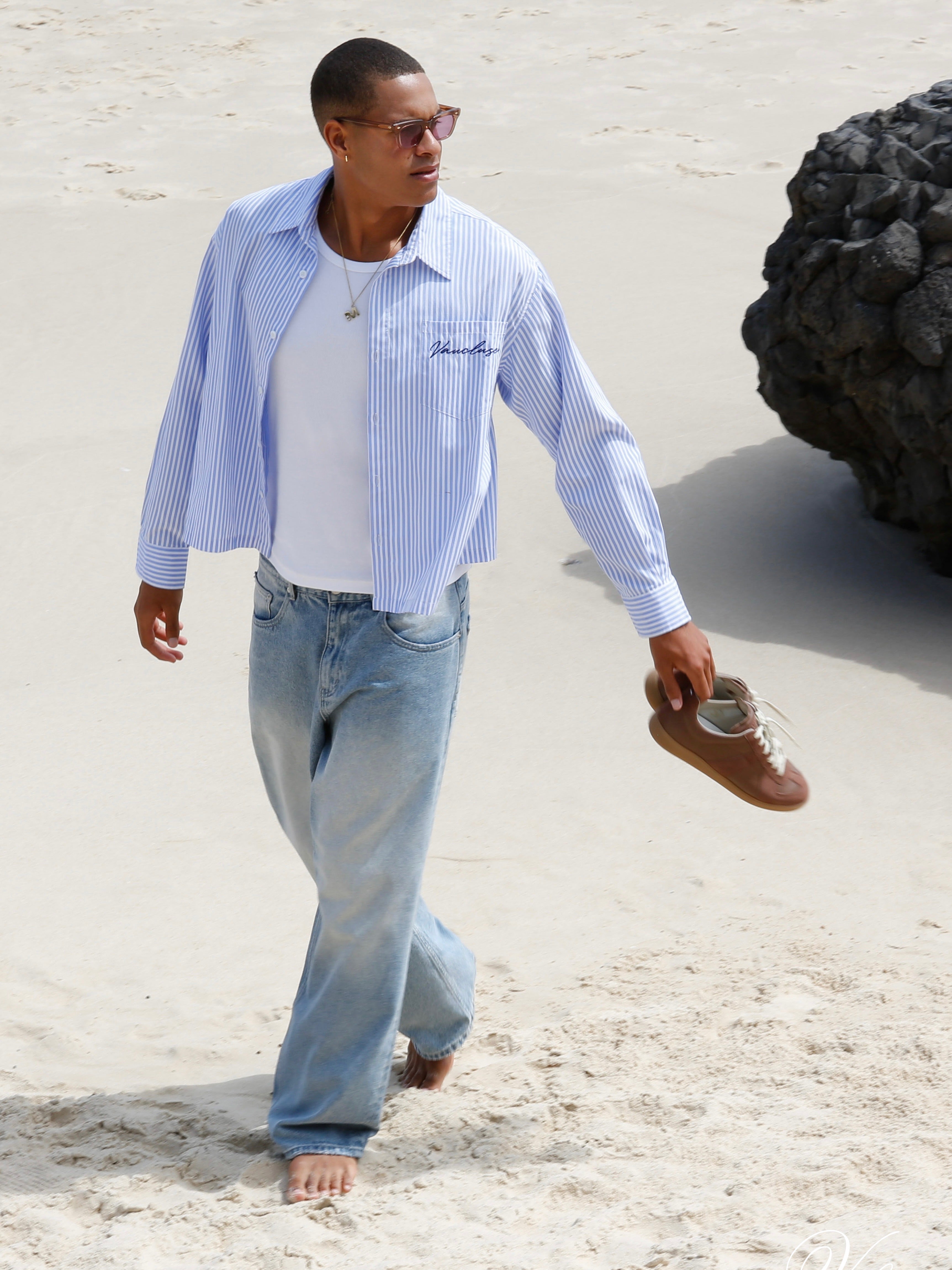 Striped Signature Long Sleeve Shirt - White/Dark Blue – VAUCLUSE